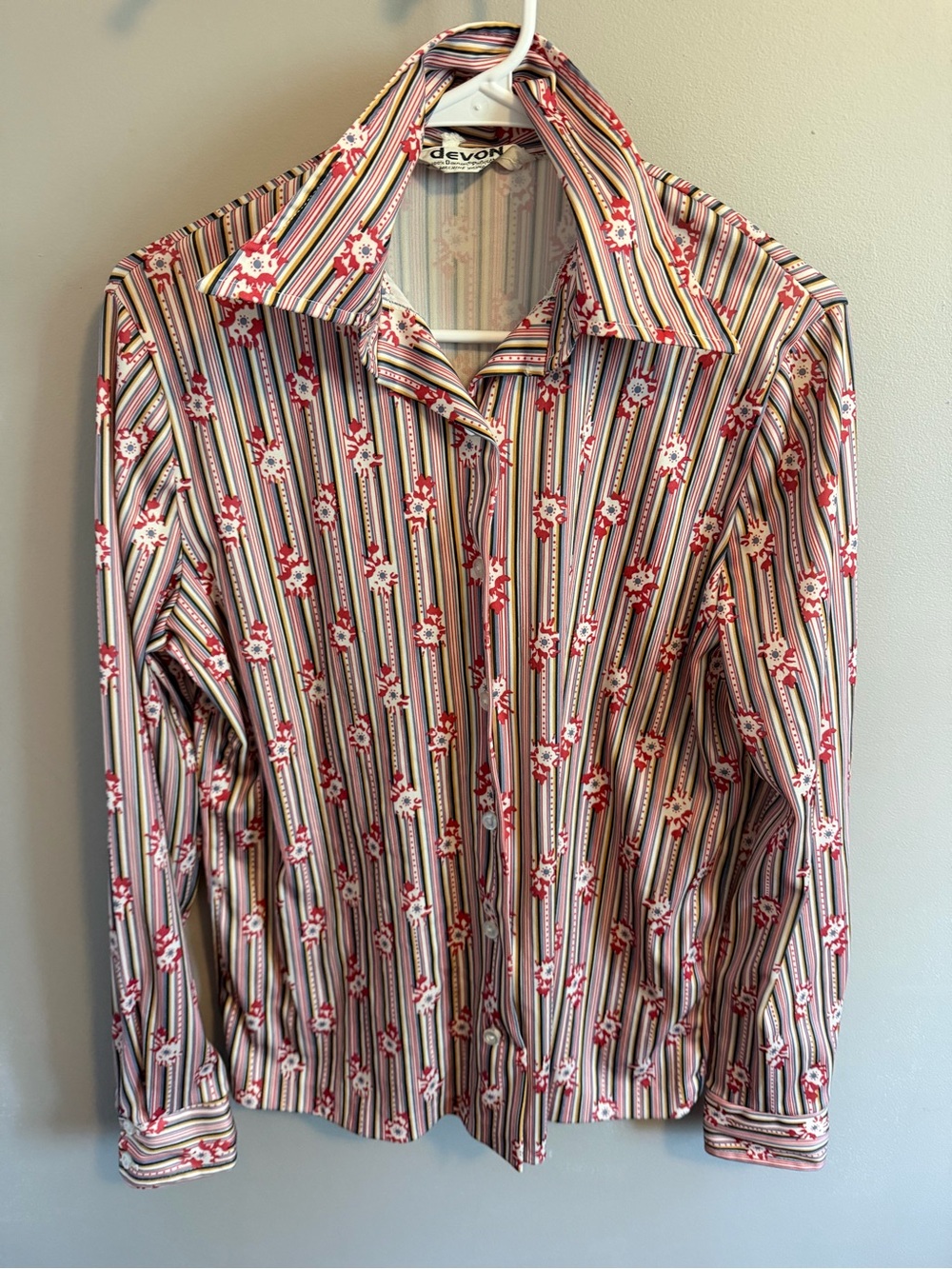 Vintage Devon 70s Striped Floral Dacron Polyester Dagger Collar Blouse Medium